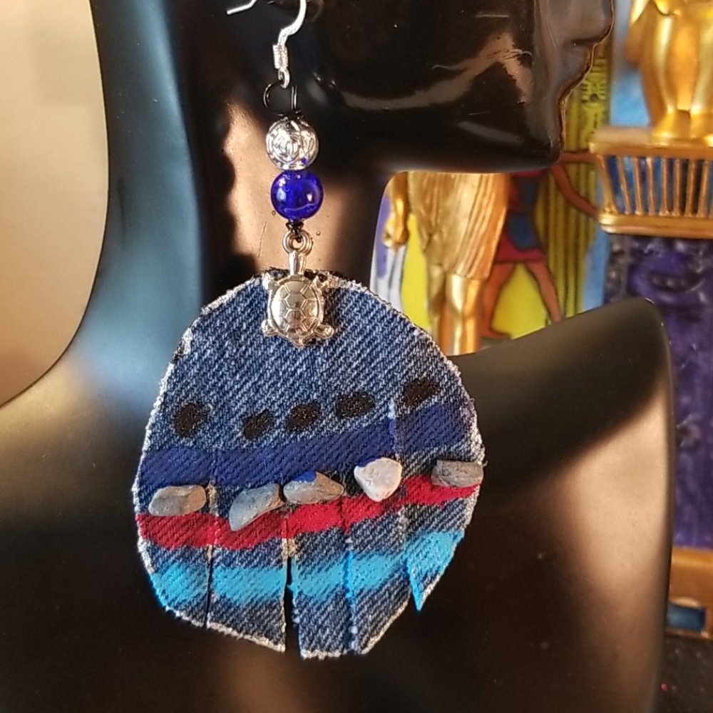 Bohemian Denim fabric turtle charms earrings